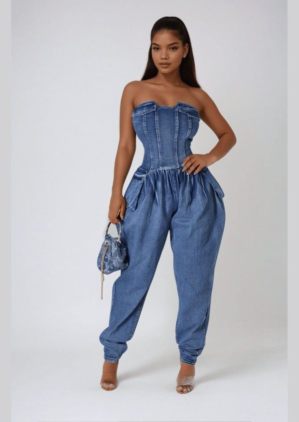Sweetheart Strapless Denim Jumpsuit - Denim / M