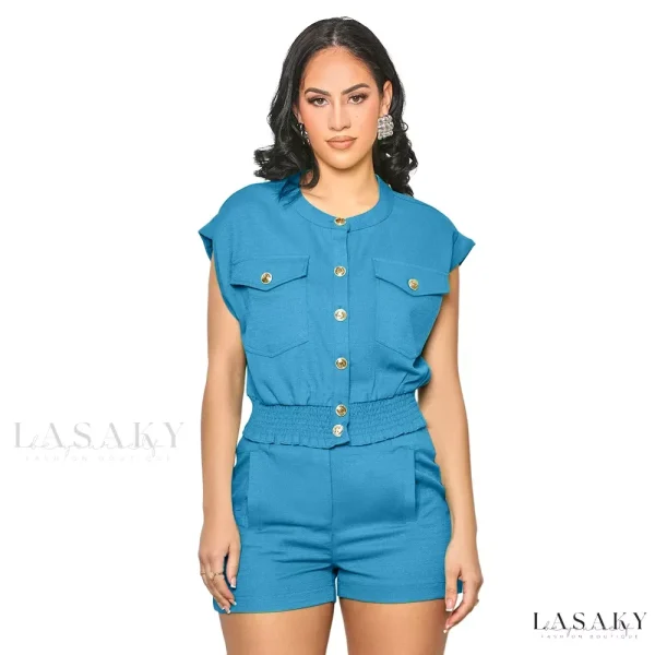 Lasaky - Two-Piece Set: Casual Short-Sleeve Cardigan and Shorts - Blue, M