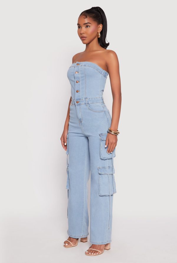 Womens Daisy Denim Button Front Cargo Jumpsuit, Light Wash, Size S