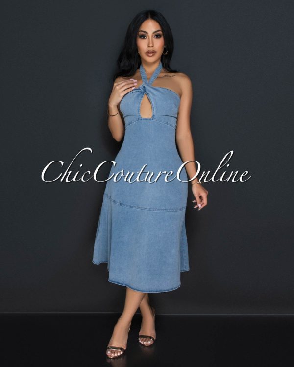 Kana Light Denim Halter Midi Dress - Small