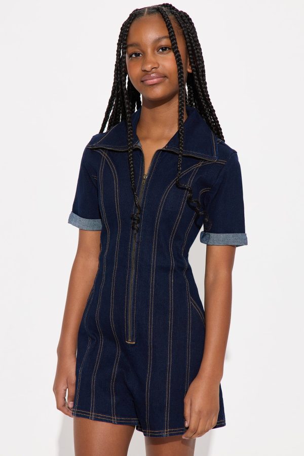 Kids' Mini Vera Denim Romper in Dark Wash Size 4/5