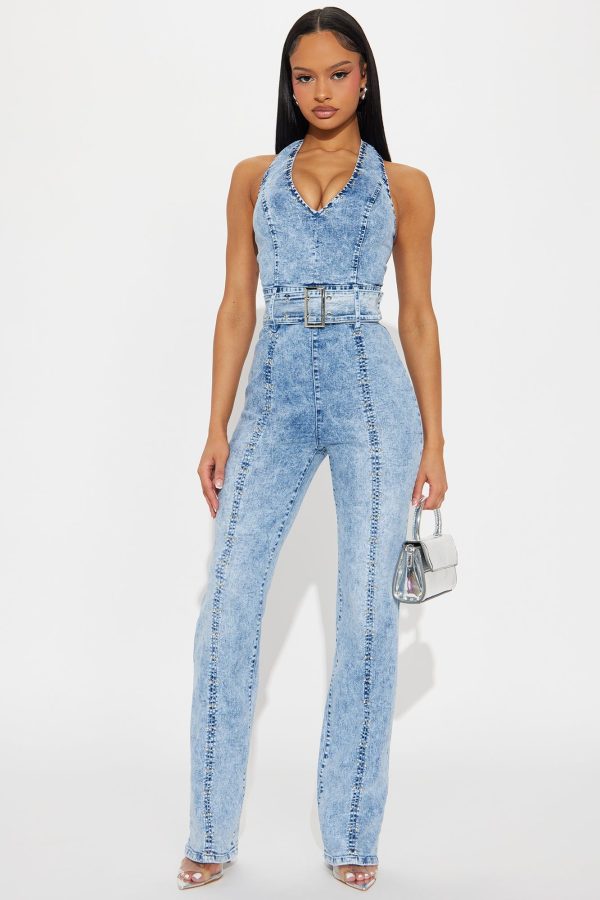 Women's Hot Stuff Studded Denim Jumpsuit in Medium Wash Size Large