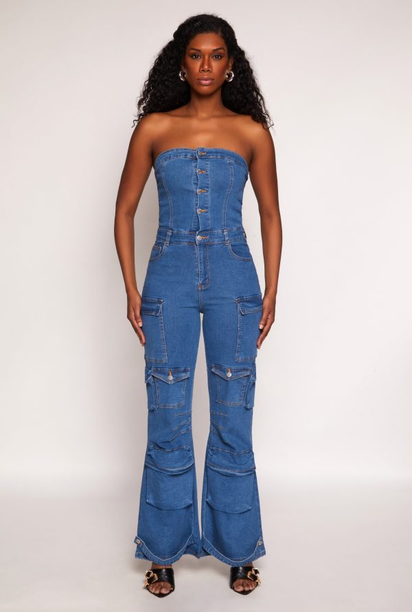 Womens Daisy Denim Cargo Pocket Jumpsuit, Medium Wash, Size M