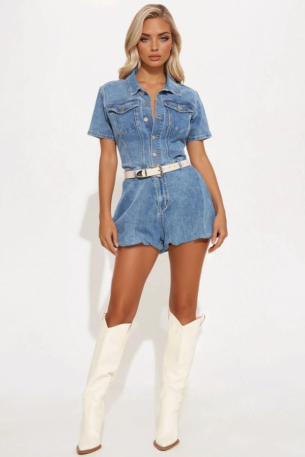 Women's Madison Denim Romper in Medium Wash Size XL