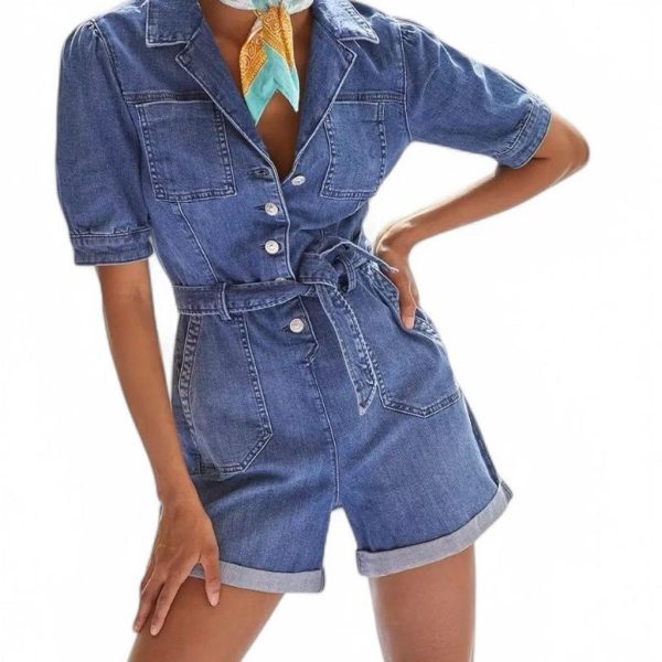 Paige Pants & Jumpsuits | Paige Denim Puff Sleeve Tie Belt Romper Women’s Size 4 Button Front Cotton | Color: Blue | Size: 4