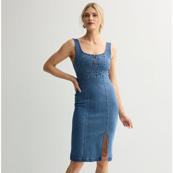 Women's INTEMPO™ Sleeveless Zip Denim Dress, Size: XL, Dark Medium
