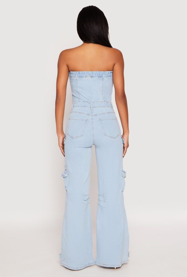 Womens Daisy Denim Cargo Pocket Jumpsuit, Light Wash, Size S