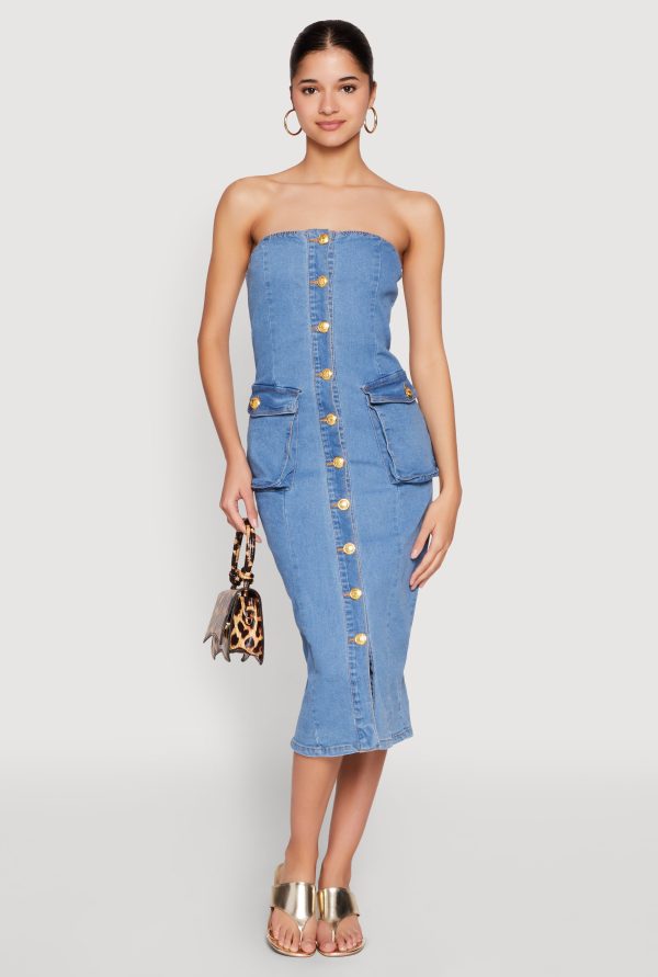 Womens Daisy Button Front Strapless Denim Dress, Medium Wash, Size XL
