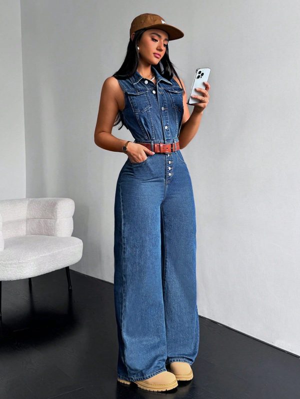 Women's Summer Workwear Casual Sleeveless Denim Jumpsuit With Single Breasted Closure And Pocket