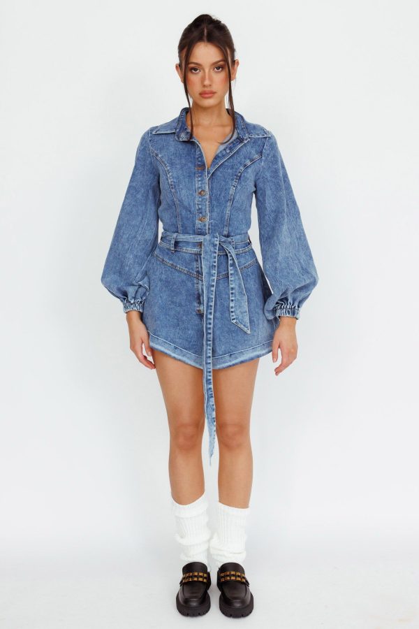 New Day Long Sleeve Button-Up Romper Denim - S