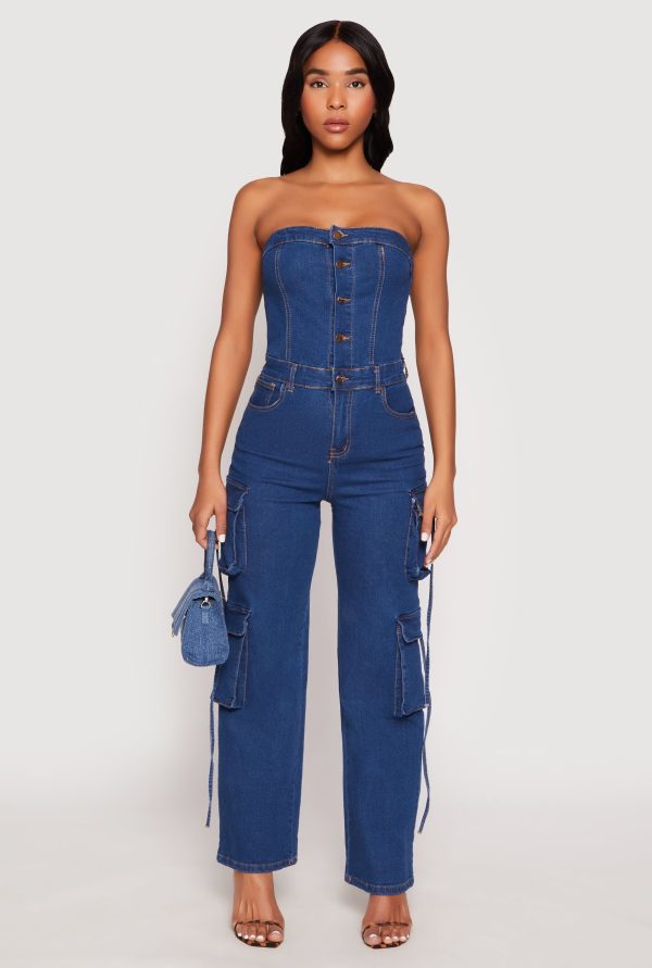Womens Daisy Denim Button Front Cargo Jumpsuit, Dark Wash, Size M