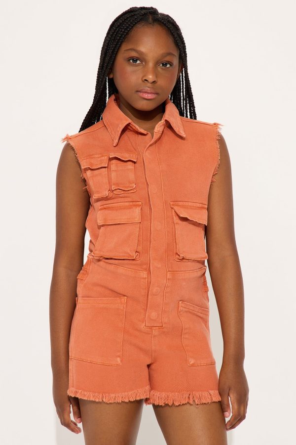 Kids' Mini Lily Fray Cargo Romper in Orange Size 10
