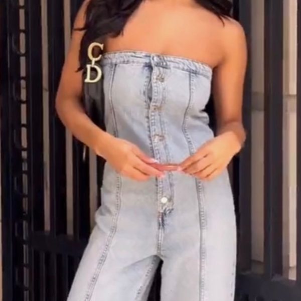 Zara Pants & Jumpsuits | Nwt Zara Trf Strapless Off Shoulder Denim Jumpsuit Size Xs | Color: Blue | Size: Xs