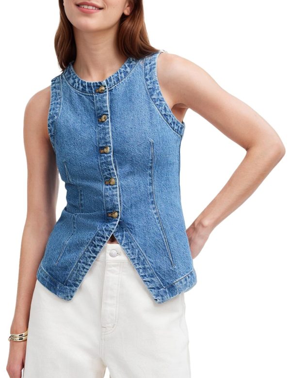 Rseoutlh Women's Denim Vest Sleeveless Button Down Casual Jean Crewneck Waistcoat Denim Top