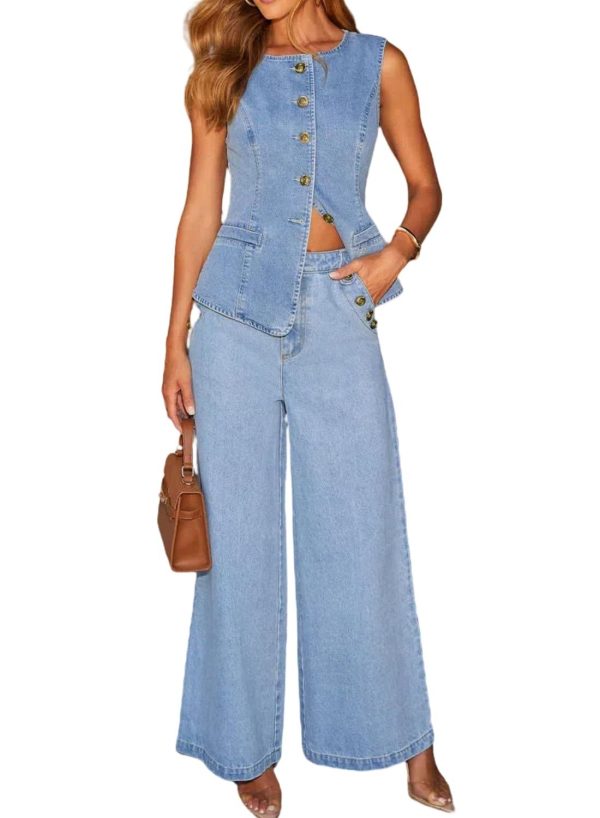 YZFSM Women's Denim 2 Piece Set Casual Business Sleeveless Jean Blazer Vest Tops and High Waist Shorts Outfit Tracksuits