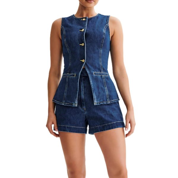 Womens Denim 2 Piece Set Sleeveless Button Down Vest Tops Short Pants Suit Sets