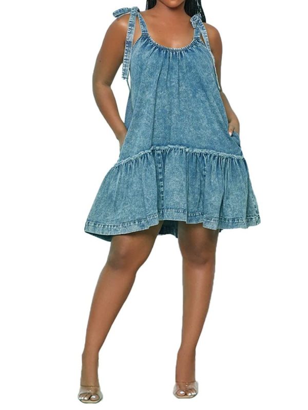 Vidifid Women Denim Cami Dress Tie Shoulder Ruffle Hem Short Dresses Babydoll Wash Jean Sundress with Pocket