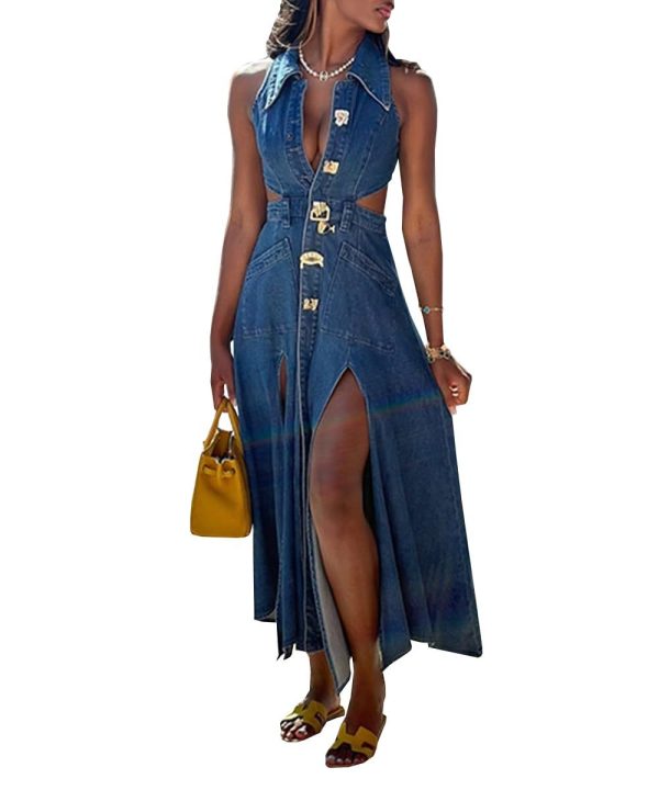 TACSTRUN Women's Sexy Midi Denim Dress High Waist Sleeveless Lapel Hollow Slit Flowy A-Line Jean Dress