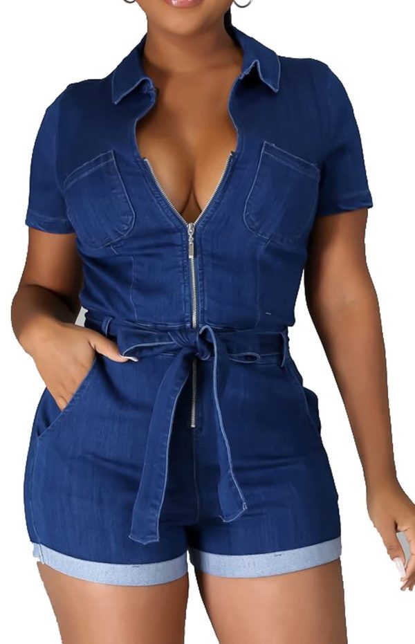 Glozeplus Denim Rompers for Women Summer Button Down Sexy Elegant Jeans Short Sleeve Shorts Jumpsuits
