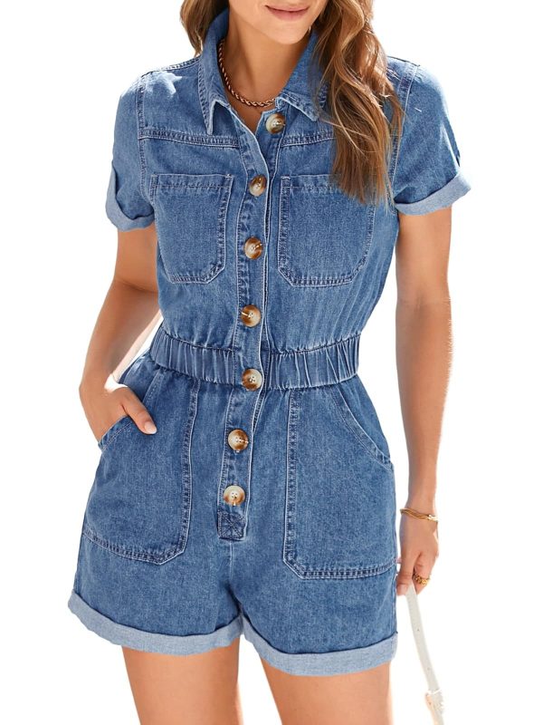 Cicy Bell Women's Short Sleeve Denim Rompers Cotton Utility Button Up Elastic Waist Short Jumpsuits
