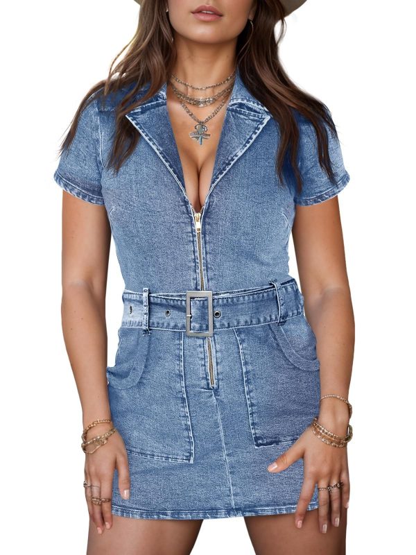 Wenrine Womens Summer Denim Dresses Bodycon Zipper Front Belted Sexy Mini Casual Dress with Pockets