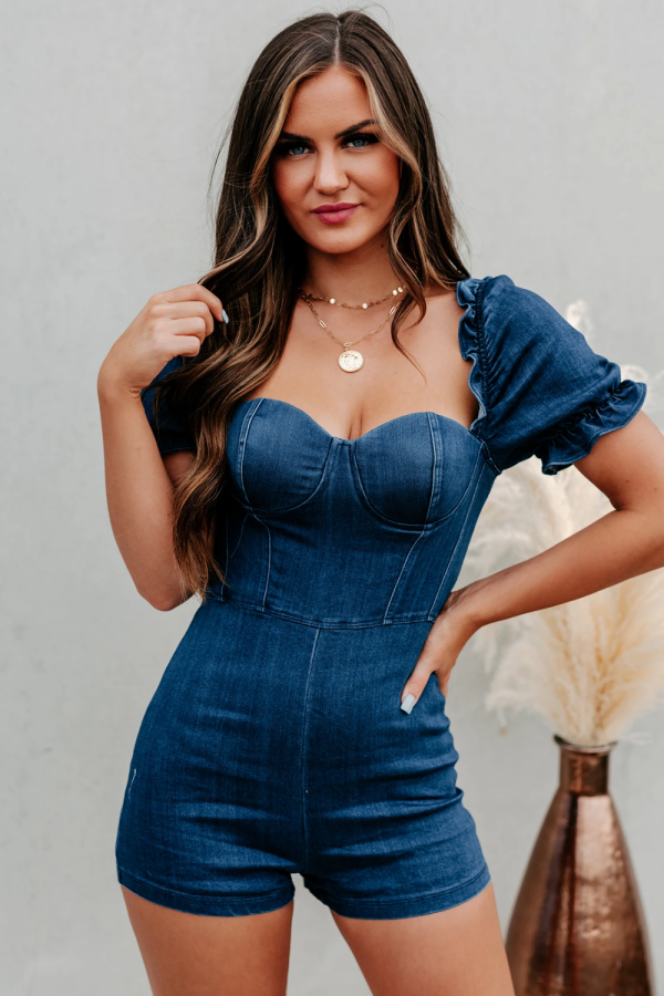 Dare To Be Denim Ruffled Denim Romper (Dark Denim)