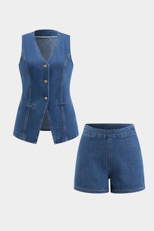 Denim Button Pocket Belted Tank Top And Shorts Set