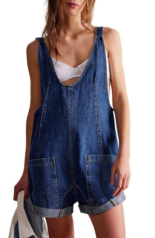 CHARTOU Women Casual Denim Short Overalls Rolled Cuff Barrel Shorts Jumpsuit Rompers