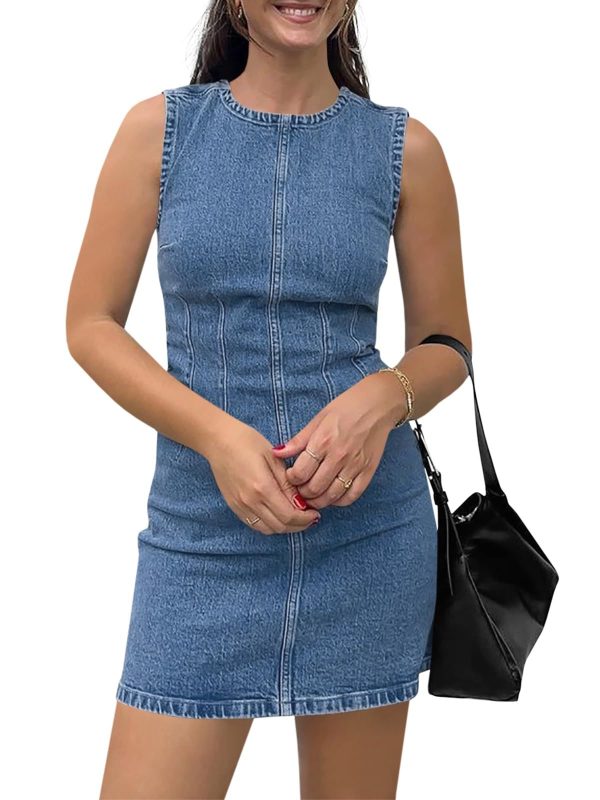 Wenrine Womens Denim Mini Dress Casual Sleeveless Crewneck Summer Jean Tank Dresses