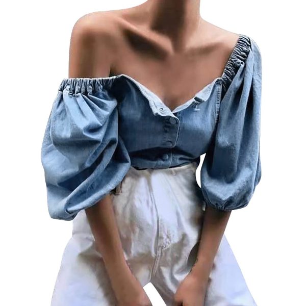 Generic Women's Off Shoulder Bubble Sleeved Denim Casual Sexy Casual Jacket Top Lingerie for Plus Size