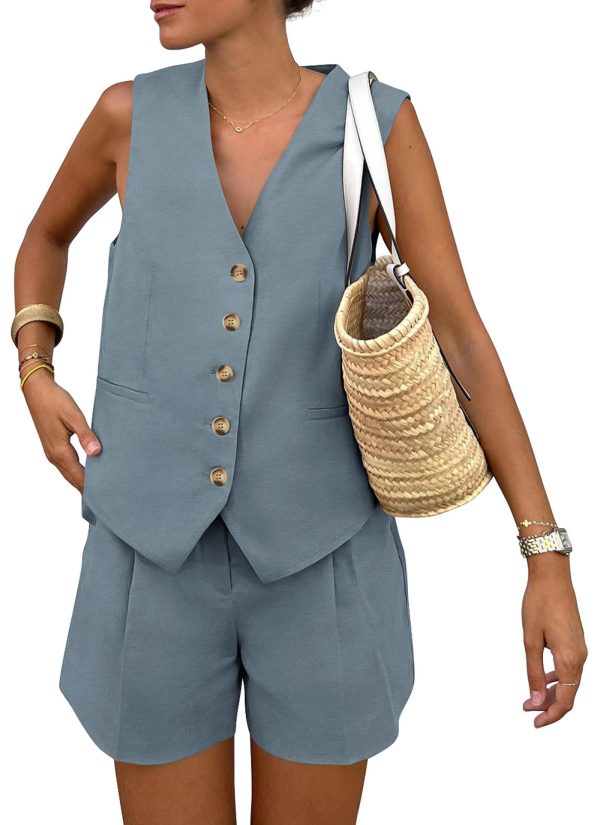 PRETTYGARDEN Women's Summer 2 Piece Outfits Sleeveless Matching Sets Button Down V Neck Vest Waistcoat and Pockets Shorts