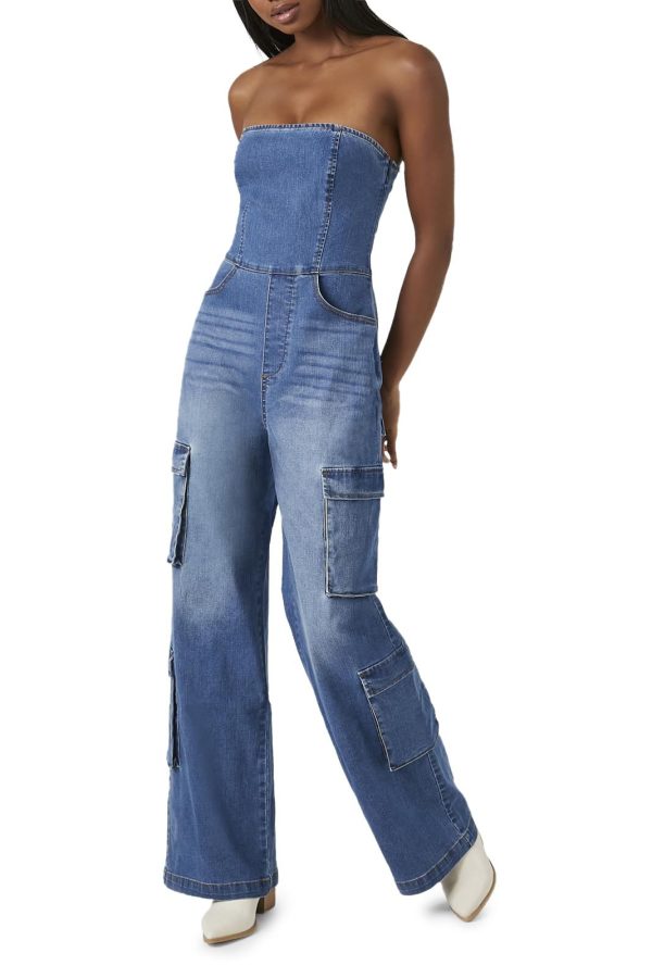 Forever 21 Womens Strapless Stretch-denim Jumpsuit