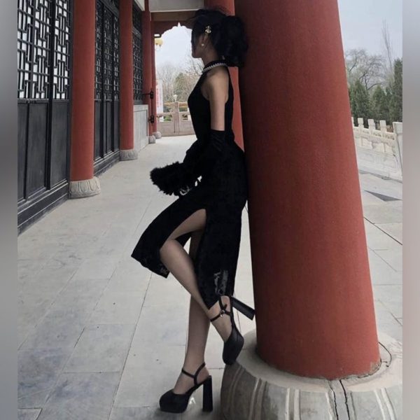 Mirror Dresses | Pearl Collar Sleeveless Improved Cheongsam Mid-Length Slim Flocking Dress | Color: Black | Size: L
