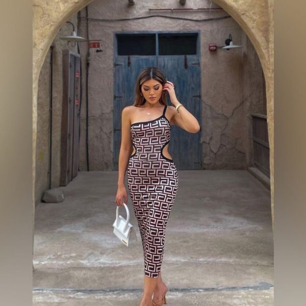 Mohair Pear Boutique Dresses | Asymmetrical One Shoulder Geometric Print Cut Out Body-Con Casual Boho Dress | Color: Black/Tan | Size: Various