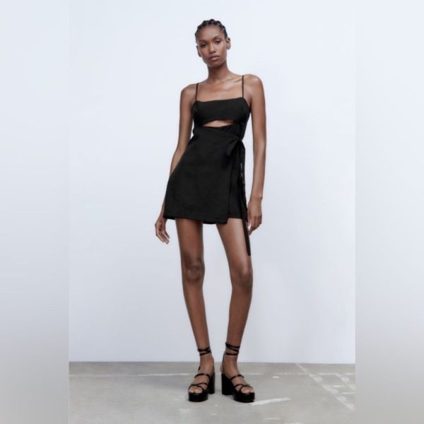 Zara Dresses | Zara Linen Blend Romper With Tie | Color: Black | Size: S