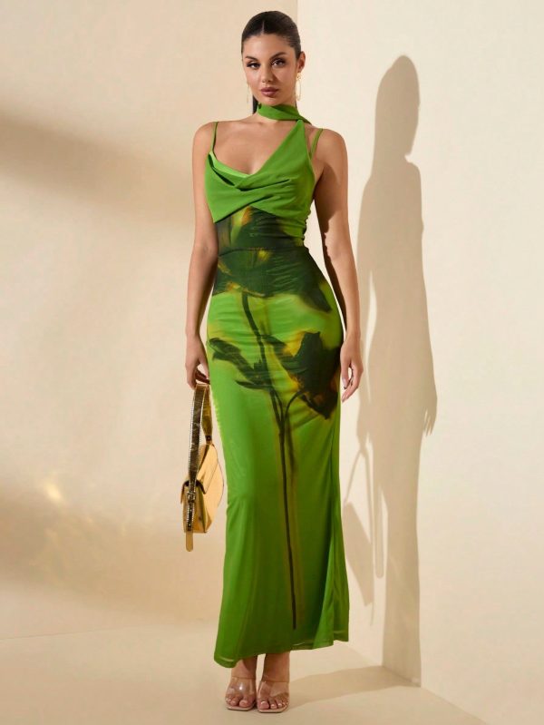 Women's Floral Print Sleeveless Maxi Beach Dress with Neck Tie for Summer Style - L