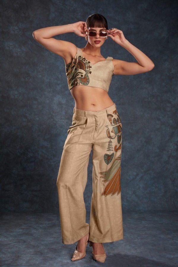Brown Printed Linen Top & Trousers Co-Ord Women's Blouse with Palazzo | Summer Co-Ord Set for Women | Casual Wear Printed Formal Co-Ord Set