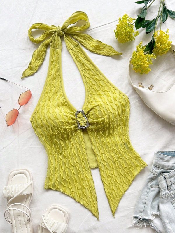 New Style Casual Vacation Knit Texture Metal Decor Spaghetti Strap Tank Top,Rave Top