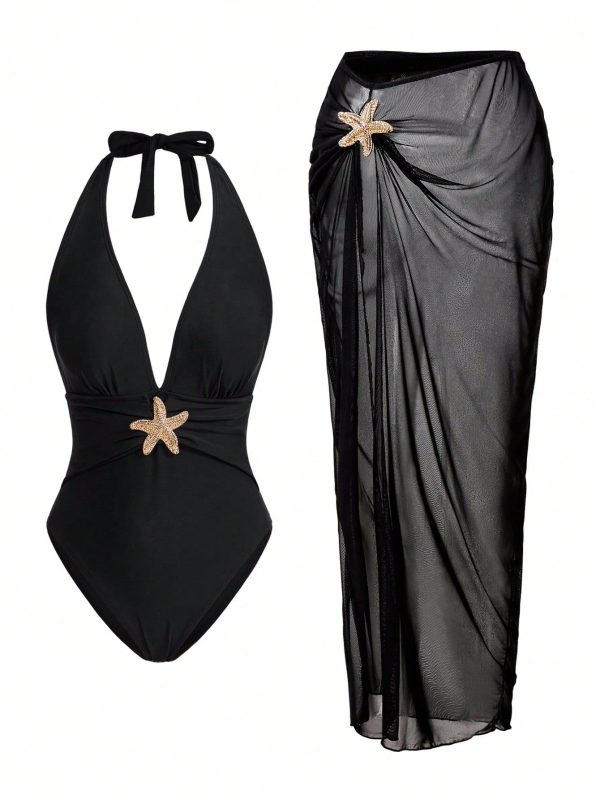 Sunner Vacation Elegant Romantic Starfish Decor One-Piece Swimsuit Set