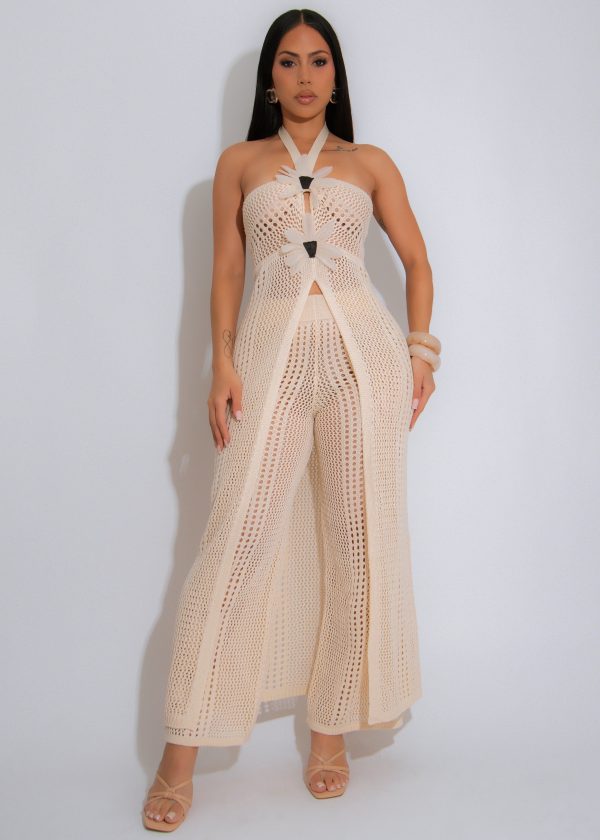 Shoreline Escape Floral Crochet Pant Set Nude