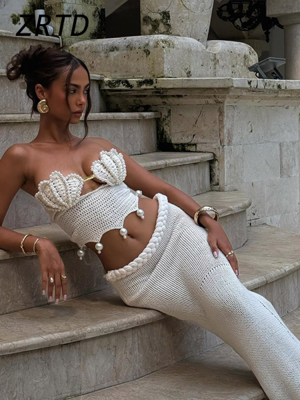 Beach Crochet Pearl Crop Top Skirts Set Women Sexy Hollow Out Bikini Tops Slim Hip Package Skirt