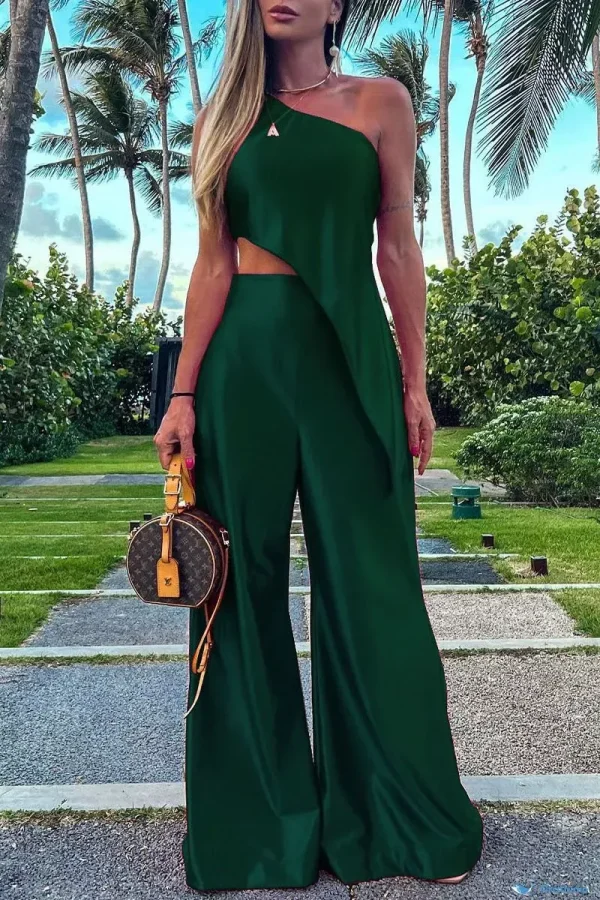OrcaJump - Elegante conjunto vacacional informal burdeos con patchwork sólido, cuello oblicuo y diseño sin mangas - Verde tinta, S