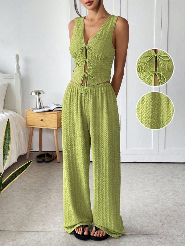 Summer Green Textured Knit Tie Halter Neck Top And Pants Set