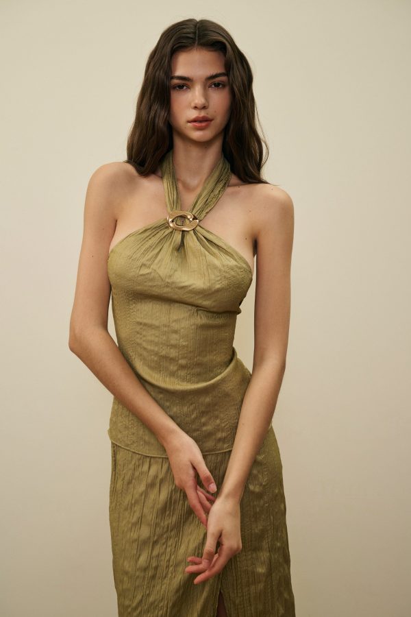 Halter-neck tie-closure top - Olive green / S