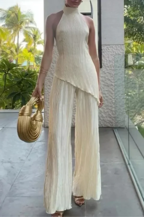Lasaky - Chic Vacation Wear High Low Hem Tank Tops with Matching Wide Leg Pants - Cream White, 2XL