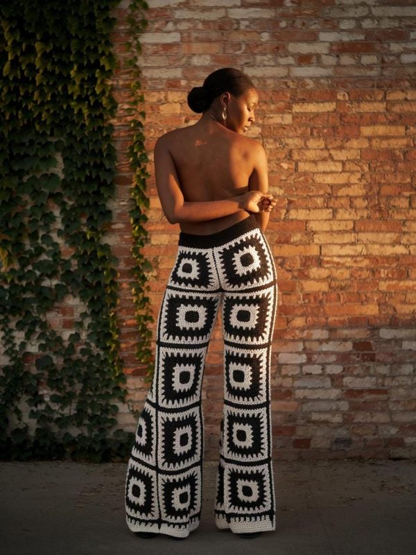 Black and White Crochet Pants, Bohemian Geometric Pattern Flare Knit Pants, Handmade Women's Fashion
