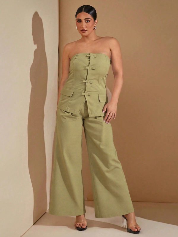 Plus Size Women's Lady's Set: Strapless Cardigan With Butterfly Buckle Accent & Tailored Wide-Leg Suit Pants, Stylish Two-Piece Outfit For Elegant Occasions