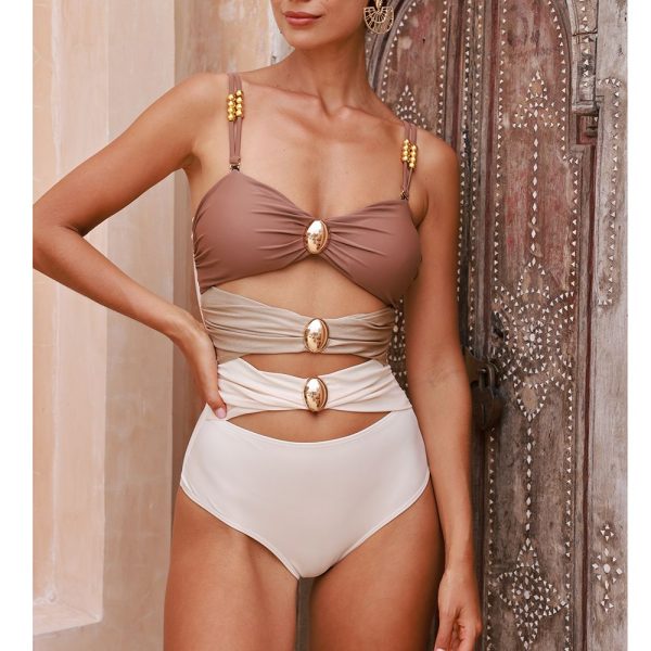 Color Block Cutout One Piece Swimsuit and Sarong Only swimsuit-L