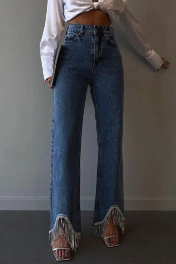 High-Waisted Straight Leg Tassel-Trimmed Hem Jeans