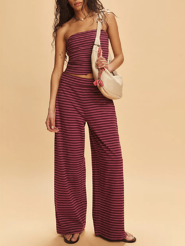 Women 2 Piece Outfits Casual Summer Striped Print Bandeau And Elastic Waist Wide Leg Pants Set Streetwear